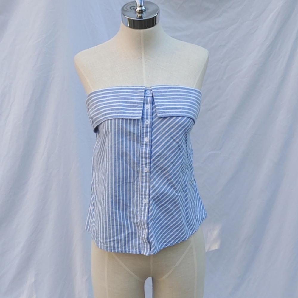 re:named Striped Blue and White Buttoned Tube Top